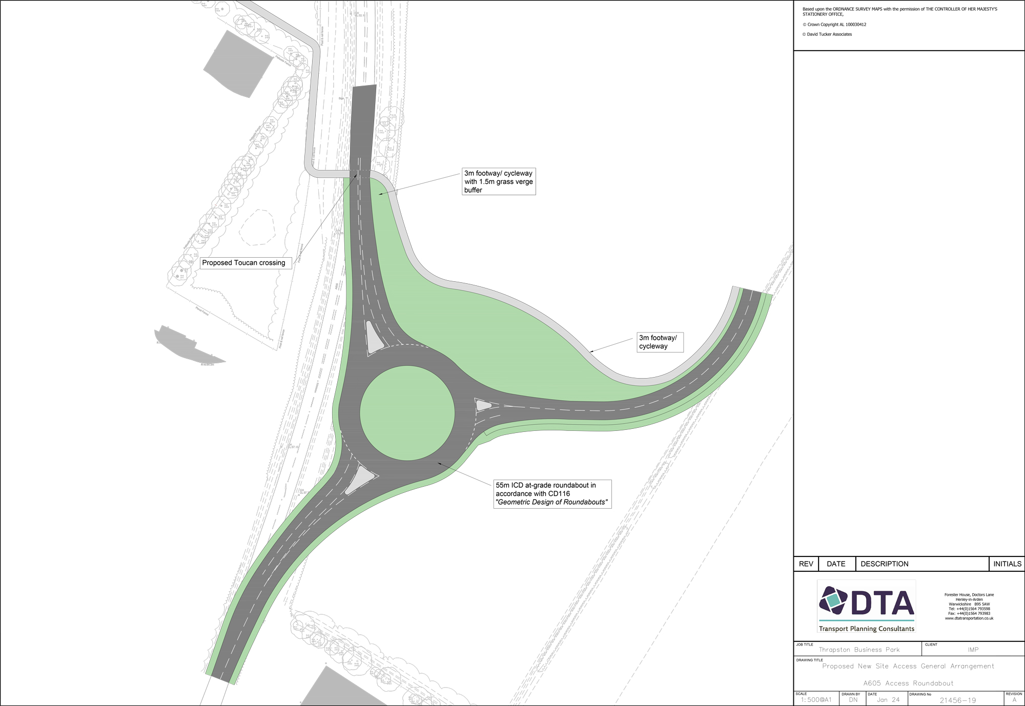 Proposed design of new site access roundabout on A605